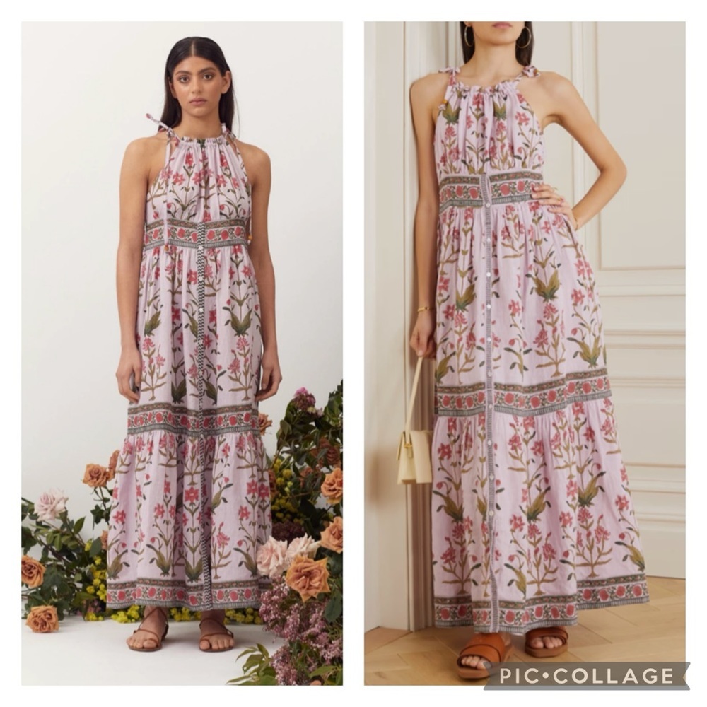 Hannah Artwear Ari 100% Linen Floral Maxi Dress Tiered Pink 1 / Small Aurora